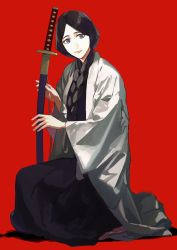 Rule 34 | 1girl, absurdres, black kimono, bleach, braid, commentary, dated, front braid, full body, grey eyes, highres, holding, holding sheath, japanese clothes, jou (jo jjo), katana, kimono, long hair, long sleeves, looking at viewer, open clothes, parted bangs, red background, shadow, sheath, sheathed, simple background, solo, sword, unohana retsu, very long hair, weapon, wide sleeves