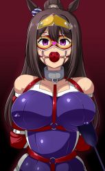 Rule 34 | 1girl, animal ears, arms behind back, bad id, bad pixiv id, ball gag, bare shoulders, bdsm, blindfold, bodysuit, bondage, bound, bound arms, breasts, brown hair, collar, covered erect nipples, domino mask, el condor pasa (umamusume), gag, gagged, gradient background, harness, heart, high ponytail, horse ears, horse girl, large breasts, long hair, mask, nipple bar, nipple piercing, piercing, ponytail, rebake, red background, riding crop, solo, umamusume, wiffle gag