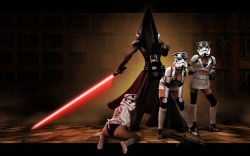 Rule 34 | 1boy, 3girls, cosplay, crossover, darth vader, energy sword, lightsaber, multiple girls, nurse, parody, pyramid head, ranged weapon, silent hill, silent hill (movie), silent hill (series), sith, star wars, stormtrooper, sword, weapon