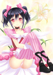 Rule 34 | 10s, 1girl, black hair, blush, dress, flower, kouzuki hajime, looking at viewer, love live!, love live! school idol festival, love live! school idol project, open mouth, pink thighhighs, red dress, red eyes, short hair, smile, solo, striped clothes, striped thighhighs, thighhighs, twintails, vertical-striped clothes, vertical-striped thighhighs, white wings, wings, yazawa nico