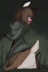 Rule 34 | 1girl, animal ears, arrow (projectile), blue eyes, blush, brown hair, centauroid, cloak, deer ears, female focus, from behind, highres, hood, injury, looking back, monster girl, nature, open mouth, original, outdoors, solo, spino (nebrve), taur