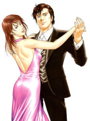 Rule 34 | 1boy, 1girl, angel heart, arms up, bare back, bare shoulders, breasts, brown eyes, brown hair, city hunter, cowboy shot, dancing, dress, holding, houjou tsukasa, li xiang-ying, long hair, looking at viewer, looking back, necktie, no bra, pink dress, saeba ryou, short hair, simple background, small breasts, smile, standing, teeth, tuxedo, white background, white neckwear