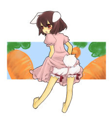 Rule 34 | 1girl, animal ears, bad id, bad pixiv id, bloomers, blush, dress, female focus, full body, inaba tewi, inuko, plant, rabbit ears, ribbon, short hair, solo, touhou, underwear, white background, white bloomers