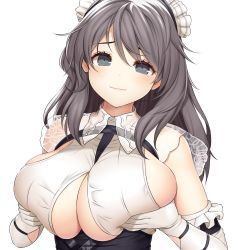 Rule 34 | 1girl, asamura hiori, azur lane, bare shoulders, black hair, blush, breast lift, breasts, charybdis (azur lane), cleavage, cleavage cutout, closed mouth, clothing cutout, commentary request, elbow gloves, frilled gloves, frills, gloves, grey eyes, highres, huge breasts, large breasts, long hair, looking at viewer, maid headdress, revision, sideboob, simple background, smile, solo, underbust, upper body, white background, white gloves