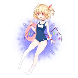 Rule 34 | 1girl, asymmetrical legwear, blonde hair, bracelet, choker, cross, cross necklace, crystal, fang, flandre scarlet, full body, hair ribbon, innertube, jewelry, looking at viewer, necklace, one-piece swimsuit, open mouth, red eyes, ribbon, saple, school swimsuit, short hair, side ponytail, single sock, single thighhigh, smile, socks, solo, swim ring, swimsuit, thighhighs, touhou, transparent background, uneven legwear, white socks, wings