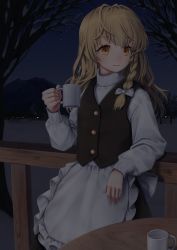 Rule 34 | 1girl, apron, bare tree, black skirt, black vest, blonde hair, blush, bow, braid, commentary request, cowboy shot, cup, frilled apron, frills, hair bow, hand up, highres, holding, holding cup, kirisame marisa, long hair, long sleeves, mug, night, night sky, no headwear, outdoors, railing, single braid, skirt, skirt set, sky, smile, snow, solo, standing, sweater, table, torinari (dtvisu), touhou, tree, turtleneck, turtleneck sweater, vest, waist apron, white apron, white bow, white sweater, yellow eyes