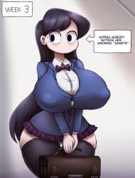 Rule 34 | 1girl, ass expansion, bag, black eyes, black hair, black thighhighs, blush, breast expansion, breasts, constricted pupils, covered erect nipples, cowboy shot, curvy, grey background, highres, huge breasts, jacket, komi-san wa komyushou desu, komi shouko, long hair, long sleeves, looking to the side, metachoke, miniskirt, no mouth, panties, pleated skirt, school bag, school uniform, simple background, skirt, solo, standing, text focus, thick thighs, thighhighs, thighs, underwear, white panties, wide hips