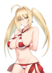 Rule 34 | 1girl, absurdres, ahoge, arms behind back, bare shoulders, bikini, blonde hair, blush, breasts, cleavage, collarbone, crimecrime, criss-cross halter, earrings, fate/grand order, fate (series), green eyes, hair between eyes, hair intakes, halterneck, highres, jewelry, large breasts, long hair, looking at viewer, navel, nero claudius (fate), nero claudius (fate) (all), nero claudius (swimsuit caster) (fate), red bikini, side-tie bikini bottom, solo, striped bikini, striped clothes, swimsuit, twintails