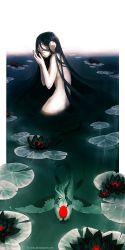 Rule 34 | 1girl, bird, black hair, commentary request, covered face, crane (animal), creepy, curse, deviantart username, extra arms, fish, flower, hands up, highres, horror (theme), koi, lake, long hair, lotus, nude, original, pale skin, solo, very long hair, water surface, yuumei