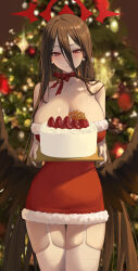 Rule 34 | 1girl, absurdres, alternate costume, bare shoulders, black hair, black wings, blue archive, blurry, blurry background, blush, breasts, cake, christmas tree, cleavage, collarbone, dress, earrings, feathered wings, feathers, food, fur-trimmed dress, fur trim, hair between eyes, halo, hasumi (blue archive), highres, holding, holding tray, jewelry, large breasts, long bangs, long hair, looking at viewer, mohaka (m 0haka), neck ribbon, pom pom (clothes), pom pom earrings, red dress, red eyes, red halo, red ribbon, ribbon, santa costume, skindentation, solo, straight hair, strawberry cake, thighhighs, tray, very long hair, white thighhighs, wings