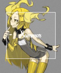 Rule 34 | 1girl, balance (superdust), black one-piece swimsuit, blonde hair, bracer, closed mouth, collar, commentary, cowboy shot, detached sleeves, english text, flat chest, grey background, grey one-piece swimsuit, highres, horns, long hair, necktie, one-piece swimsuit, original, school swimsuit, single sleeve, smile, solo, swimsuit, thighhighs, yellow eyes, yellow necktie, yellow sleeves, yellow thighhighs