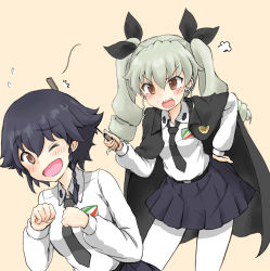 Rule 34 | 10s, ^^^, anchovy (girls und panzer), angry, anzio school uniform, belt, black belt, black cape, black hair, black neckwear, black ribbon, black skirt, braid, brown eyes, cape, clenched hand, commentary request, dress shirt, drill hair, emblem, flying sweatdrops, frown, fume, girls und panzer, green hair, hair ribbon, hand on own hip, highres, hitting, leaning forward, long hair, long sleeves, looking at another, looking back, miniskirt, necktie, one eye closed, open mouth, pantyhose, pepperoni (girls und panzer), pleated skirt, red eyes, ribbon, riding crop, school uniform, shirt, short hair, shouting, side braid, skirt, smile, standing, twin drills, twintails, v-shaped eyebrows, wabiushi, white legwear, white shirt, yellow background