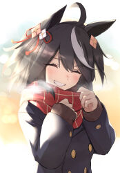 Rule 34 | 1girl, ^ ^, absurdres, ahoge, animal ears, black coat, black hair, blurry, blurry background, closed eyes, coat, commentary request, double-parted bangs, grin, hair between eyes, hair ribbon, han kasu, highres, holding, holding clothes, holding scarf, horse ears, horse girl, kitasan black (umamusume), light blush, long sleeves, multicolored hair, plaid, plaid scarf, red ribbon, red scarf, ribbon, scarf, sleeves past wrists, smile, solo, streaked hair, umamusume, upper body, white hair, winter clothes, winter coat