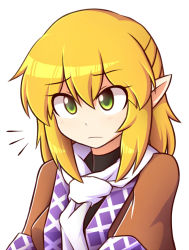 Rule 34 | 1girl, blonde hair, green eyes, looking at viewer, mizuhashi parsee, pointy ears, short hair, simple background, solo, touhou, white background, wool (miwol)