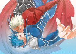 Rule 34 | 2boys, archer (fate), armor, blue hair, bodysuit, cape, closed eyes, cocoon925, couple, cu chulainn (fate), cu chulainn (fate/stay night), dark-skinned male, dark skin, fate/stay night, fate (series), floating hair, foreshortening, grin, halftone, hand on another&#039;s head, imminent kiss, long hair, makiko (utage-ya), male focus, multiple boys, pauldrons, polearm, ponytail, red eyes, short hair, shoulder armor, skin tight, smile, spear, spiked hair, turtleneck, upside-down, weapon, white hair, yaoi