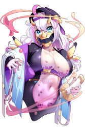 Rule 34 | 1girl, ahoge, black hat, blue eyes, booba-chan, breasts, commentary, english commentary, hair between eyes, haori, hat, highres, horns, hot vr, japanese clothes, katana, large breasts, long hair, looking at viewer, mask, mouth mask, multicolored hair, navel, original, patreon username, pink hair, simple background, solo, sword, two-tone hair, upper body, weapon, white background, white hair, yellow horns