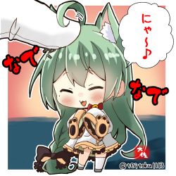 Rule 34 | 1boy, 1girl, :3, :d, ahoge, akashi (azur lane), animal ears, azur lane, blush, braid, braided ponytail, cat ears, chibi, commander (azur lane), commentary request, gloves, green hair, hair intakes, headpat, long hair, looking at viewer, mini person, minigirl, mole, mole under eye, neck bell, open mouth, pov, side braid, sidelocks, signature, simple background, size difference, sleeves past wrists, smile, socks, standing, taisa (kari), thighhighs, translation request, twitter username, two-tone background, white gloves, white socks, wide sleeves