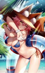 Rule 34 | 1girl, animal ear fluff, animal ears, bikini, blue bikini, blurry, blurry background, blush, bracelet, breasts, brown eyes, commentary request, day, fate/grand order, fate (series), fox ears, fox tail, hat, highres, innertube, jewelry, large breasts, long hair, looking at viewer, necomi, one eye closed, outdoors, pink hair, shirt, side-tie bikini bottom, signature, solo, sparkle, straw hat, sun hat, swim ring, swimsuit, tail, tamamo (fate), tamamo no mae (fate/extra), tamamo no mae (swimsuit lancer) (fate), tamamo no mae (swimsuit lancer) (second ascension) (fate), tongue, tongue out, water, water drop, wet, wet clothes, wet shirt