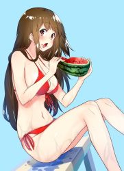 Rule 34 | 10s, 1girl, :o, akagi (kancolle), amami amayu, bikini, blue background, blush, breasts, brown eyes, brown hair, cleavage, dutch angle, eating, food, food on face, from side, front-tie bikini top, front-tie top, fruit, kantai collection, large breasts, long hair, looking at viewer, navel, red bikini, side-tie bikini bottom, simple background, sitting, solo, swimsuit, watermelon, wet