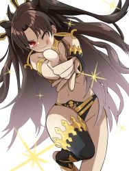 Rule 34 | 1girl, armlet, bikini, black hair, black thighhighs, bracelet, breasts, detached sleeves, earrings, fate/grand order, fate (series), gold trim, hair ribbon, hamao 1, hoop earrings, ishtar (fate), jewelry, long hair, looking at viewer, medium breasts, mismatched bikini, neck ring, one eye closed, parted bangs, pointing, pointing at viewer, red eyes, ribbon, single detached sleeve, single thighhigh, smile, solo, sparkle, swimsuit, thighhighs, thighlet, thighs, tiara, two side up