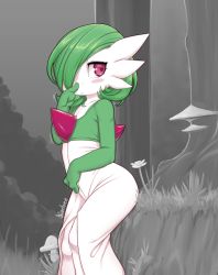 Rule 34 | 1girl, artist name, blush, blush stickers, bob cut, bush, closed mouth, collarbone, colored skin, creatures (company), female focus, flat chest, flower, forest, game freak, gardevoir, gen 3 pokemon, grass, green hair, green skin, grey background, hair over one eye, half-closed eyes, hand up, highres, kionant, legs together, looking to the side, motion lines, multicolored skin, mushroom, nature, nintendo, nose picking, one eye covered, outdoors, pokemon, pokemon (creature), red eyes, short hair, signature, solo, standing, tree, two-tone skin, white skin