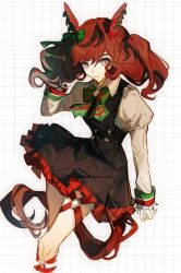 Rule 34 | 1girl, animal ears, black dress, bow, brown eyes, closed mouth, collared dress, commentary request, dress, ear bow, ear covers, feet out of frame, green bow, grid background, highres, hikawayunn, horse ears, horse girl, horse tail, juliet sleeves, long sleeves, looking at viewer, medium hair, multicolored hair, nice nature (umamusume), pinafore dress, puffy sleeves, red bow, red hair, sleeveless, sleeveless dress, smile, solo, streaked hair, striped, striped bow, tail, thigh strap, twintails, umamusume
