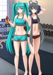 Rule 34 | 2girls, aqua hair, arm up, bare arms, bare legs, bare shoulders, barefoot, black bra, black hair, black shorts, blue eyes, blue shorts, blush, bottle, bra, breasts, cleavage, closed mouth, commentary, commission, crop top, crossed arms, dumbbell, english commentary, green eyes, groin, hair ribbon, hair rings, hatsune miku, highres, holding, holding bottle, holding towel, indoors, kazenokaze, long hair, low twintails, luo tianyi, medium breasts, multiple girls, navel, ribbon, short shorts, shorts, sidelocks, small breasts, smile, sports bra, standing, sweat, towel, towel around neck, twintails, underwear, very long hair, vocaloid, vsinger, white ribbon