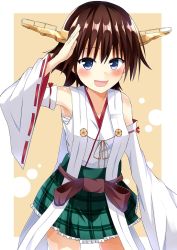 Rule 34 | 10s, 1girl, arm up, bare shoulders, blue eyes, blush, brown hair, commentary request, detached sleeves, headgear, hiei (kancolle), japanese clothes, kantai collection, looking at viewer, nontraditional miko, open mouth, salute, shiny skin, short hair, solo, tatsuno, tatsuno (saya-tatsuno)