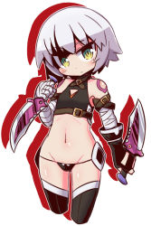 Rule 34 | 1girl, black panties, black thighhighs, blush, chibi, fate/apocrypha, fate (series), flat chest, green eyes, grey hair, head tilt, highres, holding, holding knife, holding weapon, jack the ripper (fate/apocrypha), knife, looking at viewer, lowleg, lowleg panties, naga u, navel, panties, scar, short hair, simple background, solo, thighhighs, underwear, weapon, white background