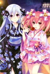Rule 34 | 2girls, :p, absurdres, alyn (fairy fencer f), black dress, blush, candy apple, dress, fairy fencer f, floral print, frilled kimono, frills, hair ribbon, tucking hair, highres, holding, japanese clothes, kimono, kimono skirt, lamppost, long hair, long sleeves, looking at viewer, multiple girls, night, night sky, obi, official art, open mouth, outdoors, pink eyes, red hair, ribbon, sash, scan, sky, smile, star (sky), tiara (fairy fencer f), tongue, tongue out, tsunako, twintails, very long hair, white dress, white hair