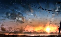Rule 34 | absurdres, chinese commentary, cloud, commentary, grass, highres, mountain, no humans, original, outdoors, power lines, rune xiao, scenery, signature, sky, star (sky), starry sky, still life, sun, sunset