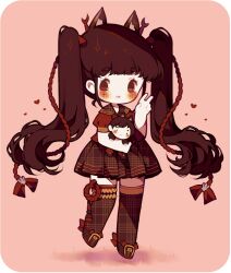 Rule 34 | 1girl, animal ear fluff, animal ears, black footwear, black sailor collar, black shirt, black skirt, black thighhighs, blush, blush stickers, bow, bridal garter, brown eyes, brown hair, character doll, chibi, closed mouth, collared shirt, commentary, commission, doll, english commentary, eyelashes, footwear bow, fox ears, grass, hair ornament, hair ribbon, hand up, heart, hetero, holding, holding doll, littlebluemuffin, long hair, long sleeves, looking at viewer, miniskirt, open mouth, orange background, original, painttool sai (medium), pants, photoshop (medium), plaid, plaid sailor collar, plaid skirt, plaid thighhighs, pleated skirt, puffy short sleeves, puffy sleeves, rabbit hair ornament, red bow, red pants, red ribbon, red shirt, ribbon, sailor collar, shadow, shirt, shoes, short sleeves, skirt, smile, sparkle, thighhighs, twintails, v, very long hair
