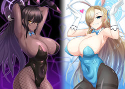 Rule 34 | 2girls, animal ears, armpits, arms behind head, arms up, ass, asuna (blue archive), asuna (bunny) (blue archive), bare shoulders, black background, black hair, black legwear, black leotard, blonde hair, blue archive, blue background, blue eyes, blue leotard, breasts, cameltoe, cleavage, collar, covered navel, cowboy shot, curvy, dark-skinned female, dark skin, eyes visible through hair, fake animal ears, fishnet pantyhose, fishnets, gloves, gradient background, grin, hair over one eye, hair ribbon, highleg, highleg leotard, huge ass, karin (blue archive), karin (bunny) (blue archive), large breasts, leotard, lips, long hair, looking at viewer, multiple girls, pantyhose, ponytail, purple background, rabbit ears, ribbon, shiny clothes, shiny skin, smile, strapless, strapless leotard, teng zhai zi, thong leotard, very long hair, white background, white gloves, wide hips, wrist cuffs, yellow eyes