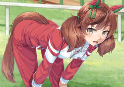 Rule 34 | 1girl, animal ears, bent over, bow, brown eyes, brown hair, commentary request, ear covers, ear ribbon, grass, green ribbon, horse ears, horse girl, horse tail, jacket, long hair, long sleeves, looking at viewer, miri (ago550421), nice nature (umamusume), outdoors, red track suit, revision, ribbon, short hair, solo, sweat, tail, tracen training uniform, track jacket, track suit, twintails, umamusume, unzipped, zipper