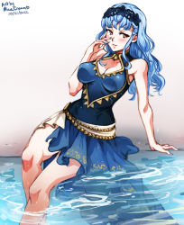 Rule 34 | 1girl, adapted costume, alternate costume, bare shoulders, bikini, blue bikini, blue hair, blue one-piece swimsuit, blush, braid, breasts, brown eyes, crown braid, fire emblem, fire emblem: three houses, fire emblem heroes, fire emblem warriors: three hopes, hand on own cheek, hand on own face, large breasts, long hair, looking at viewer, marianne von edmund, mina cream, nintendo, official alternate costume, official alternate hairstyle, one-piece swimsuit, open mouth, sarong, smile, solo, swimsuit