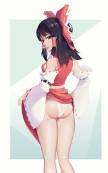 Rule 34 | 1girl, absurdres, ass, bare shoulders, black hair, bow, breasts, chinese commentary, clothes lift, detached sleeves, frilled hair tubes, frills, from behind, h.an (516635864), hair bow, hair tubes, hakurei reimu, highres, lifted by self, long hair, long sleeves, looking back, medium breasts, no bra, nontraditional miko, nose, panties, parted lips, pink lips, red bow, red eyes, red skirt, ribbon-trimmed sleeves, ribbon trim, sideboob, skirt, skirt lift, skirt set, solo, standing, straight hair, sweat, teeth, thigh gap, touhou, underwear, white panties, white sleeves, wide sleeves