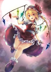 Rule 34 | 1girl, :d, ascot, black footwear, blonde hair, bloomers, blush, bobby socks, bow, cloud, commentary, crystal, dutch angle, fang, fingernails, flandre scarlet, footwear bow, frilled cuffs, frilled shirt collar, frilled skirt, frills, full body, hair between eyes, hat, hat ribbon, highres, looking at viewer, medium hair, mob cap, moon, moonlight, nail polish, night, one side up, open mouth, red bow, red eyes, red nails, red skirt, red vest, renka (cloudsaikou), ribbon, sharp fingernails, shirt, shoes, short sleeves, skirt, skirt set, sky, smile, socks, solo, teeth, thighs, touhou, underwear, upper teeth only, vest, white shirt, wings, wrist cuffs, yellow ascot