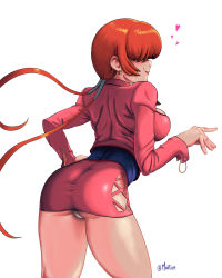 Rule 34 | 1girl, ass, breasts, cropped jacket, from behind, hair over eyes, hand on own hip, heart, highres, jacket, large breasts, leotard, leotard under clothes, lipstick, long hair, makeup, miniskirt, mootium, panties, pantyshot, pink jacket, pink skirt, red hair, shermie (kof), signature, skirt, smile, solo, split ponytail, standing, taut clothes, taut skirt, the king of fighters, thighs, trefoil, underwear, white panties