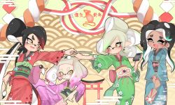 Rule 34 | + +, 4girls, aqua hair, bad id, bad twitter id, black hair, blue kimono, blunt bangs, brown eyes, callie (splatoon), calligraphy brush, chinese zodiac, chopsticks, closed eyes, commentary, cousins, dark-skinned female, dark skin, drawing on another&#039;s face, earrings, fang, floral print, gradient hair, green hair, green kimono, grey hair, grin, hagoita, hane (hanetsuki), hanetsuki, happy new year, highres, holding, holding brush, holding chopsticks, holding paddle, inkling, japanese clothes, jewelry, kimono, long hair, long sleeves, looking at viewer, makeup, marie (splatoon), marina (splatoon), mascara, mask, medium hair, mole, mole under eye, mole under mouth, mouse (animal), multicolored hair, multiple girls, new year, nintendo, obi, octoling, open mouth, paddle, paintbrush, pearl (splatoon), pink hair, pointing, pointy ears, print kimono, purple kimono, red hair, red kimono, sash, seigaiha, sharp teeth, short hair, smile, smirk, standing, suction cups, sukeo (nunswa08), teeth, tentacle hair, torii, very long hair, year of the rat