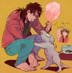 Rule 34 | 1boy, absurdres, barefoot, black eyes, black hair, black shirt, blue pants, brown jacket, commentary request, cotton candy, dog, eating, food, full body, highres, holding, holding food, inudori, itou kaiji, jacket, kaiji, long hair, long sleeves, looking at animal, male focus, medium bangs, multiple views, open clothes, open jacket, open mouth, pants, shirt, simple background, squatting, toenails, tongue, tongue out, translation request, yellow background