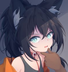 Rule 34 | 1girl, 1other, absurdres, animal collar, animal ears, bare shoulders, black hair, black tank top, blue eyes, borrowed character, collar, crying, crying with eyes open, grabbing another&#039;s chin, hand on another&#039;s chin, highres, leash, looking at viewer, off shoulder, original, ponytail, solo focus, tank top, tears, trimbil