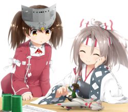Rule 34 | 10s, 3girls, ^ ^, aircraft, airplane, brown hair, head rest, closed eyes, drum (container), closed eyes, fairy (kancolle), goribote, headband, japanese clothes, kantai collection, kariginu, long hair, looking at another, magatama, multiple girls, ponytail, ryuujou (kancolle), smile, tenzan (kancolle), twintails, visor cap, white background, yellow eyes, zuihou (kancolle)