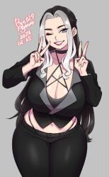 Rule 34 | 1girl, agawa ryou, artist name, black hair, black pants, breasts, choker, cleavage, cowboy shot, dated, double v, grey background, huge breasts, lips, long hair, multicolored hair, navel, one eye closed, original, pants, simple background, smile, solo, v, white hair