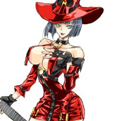 Rule 34 | 1girl, bad id, bad twitter id, bare shoulders, black hair, breasts, choker, cleavage cutout, clothing cutout, fingerless gloves, gloves, green eyes, guilty gear, guilty gear xrd, hat, i-no, large breasts, nanase aoi, red hat, solo, white background