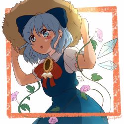 Rule 34 | &gt;:o, 1girl, :o, blue eyes, blue hair, blush stickers, bow, cirno, collared shirt, dress, flower, hair bow, hat, hidden star in four seasons, highres, ice, ice wings, jpeg artifacts, looking at viewer, mchddrn, outside border, pinafore dress, plant, puffy short sleeves, puffy sleeves, shirt, short sleeves, sleeveless, sleeveless dress, solo, straw hat, sun hat, sunflower, tan, tanned cirno, touhou, v-shaped eyebrows, vines, wings