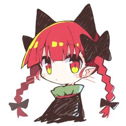 Rule 34 | 1girl, animal ears, asameshi, black bow, black dress, bow, braid, cat ears, cropped torso, dress, extra ears, hair bow, highres, kaenbyou rin, long hair, looking at viewer, pointy ears, portrait, red eyes, red hair, simple background, solo, touhou, twin braids, twintails, whiskers, white background