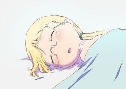 Rule 34 | 1girl, blanket, blonde hair, blush, child, closed eyes, female focus, glasses, halterneck, made in abyss, on bed, open mouth, riko (made in abyss), rimless eyewear, sleeping, solo, twintails, ximu shilang
