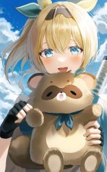 Rule 34 | 1girl, :d, ahoge, black gloves, black hairband, blonde hair, blue eyes, blue neckerchief, blue sky, blush, clenched hand, cloud, commentary request, crossed bangs, day, fingerless gloves, gloves, hairband, highres, holding, hololive, kazama iroha, looking at viewer, neckerchief, ochya, open mouth, outdoors, partial commentary, sky, smile, solo, straight-on, stuffed animal, stuffed toy, sword, tanuki, teeth, upper body, upper teeth only, virtual youtuber, weapon, weapon on back