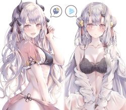 Rule 34 | 1girl, :d, alternate breast size, bare shoulders, black bra, blush, bra, breasts, cleavage, collarbone, double bun, hair bun, hair ornament, hand up, highres, hololive, horns, kasakai hikaru, long hair, medium breasts, multiple views, nakiri ayame, navel, off shoulder, open clothes, open mouth, purple eyes, red eyes, shirt, simple background, smile, underwear, v arms, virtual youtuber, white background
