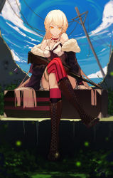 Rule 34 | absurdres, assault rifle, blonde hair, boots, breasts, bullpup, choker, cloud, cloudy sky, cross-laced footwear, crossed legs, day, eyebrows, fur collar, girls&#039; frontline, gun, highres, holding, holding weapon, jacket, lace-up boots, long hair, looking at viewer, medium breasts, migime no yuugure, necktie, ots-14 (girls&#039; frontline), ots-14 groza, rifle, scenery, sitting, skirt, sky, smile, solo, suppressor, thigh strap, thighhighs, weapon, yellow eyes